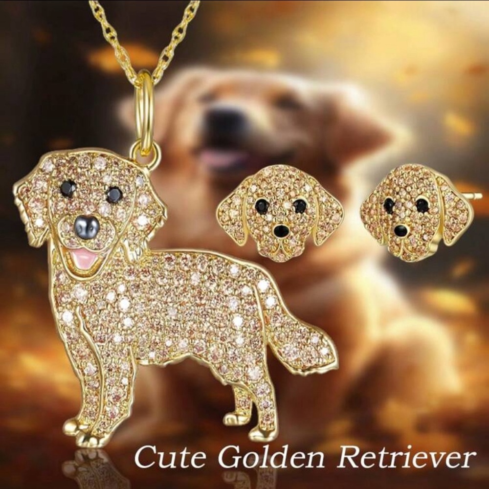 Golden Retriever Rhinestone‎ Necklace and Earrings Set